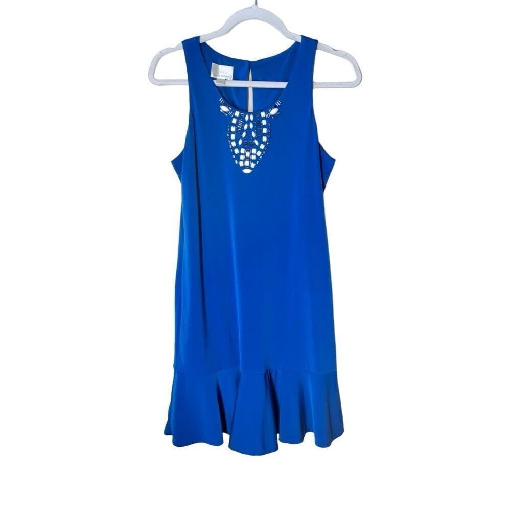 Donna Morgan Jewel Neck Sleeveless Mini Dress Flounce Hem Royal Blue 4